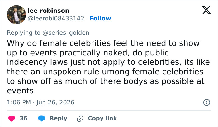 Screenshot of a fan tweet expressing strong criticism about female celebrities' red carpet appearances.
