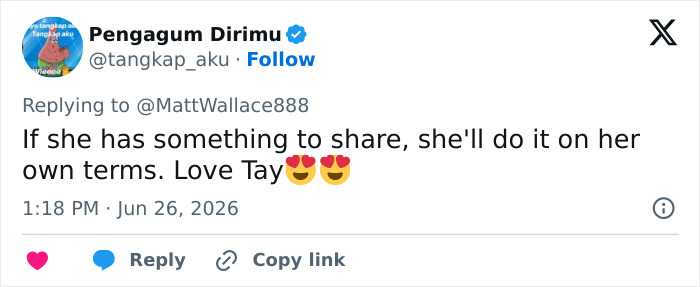 A tweet by Pengagum Dirimu supporting Taylor Swift regarding pregnancy news, saying she'll share on her own terms.