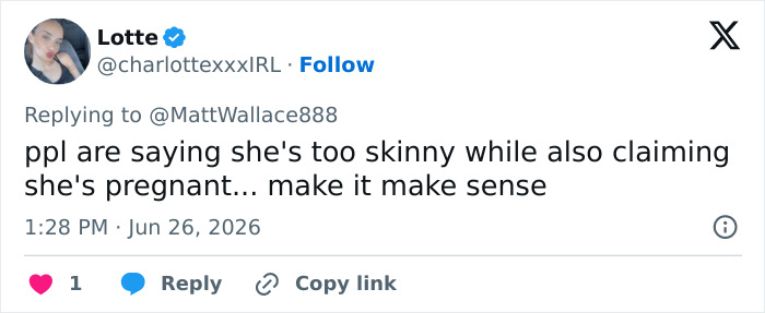 Screenshot of a tweet questioning claims about Taylor Swift pregnant and being too skinny.
