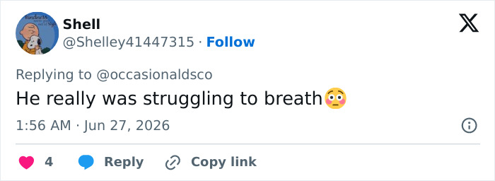 Screenshot of a tweet by Shell on June 27, 2026, saying Harry Styles was struggling to breathe onstage.