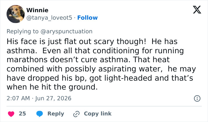 A comment about Harry Styles choking on water and collapsing onstage due to heatwave and asthma concerns.