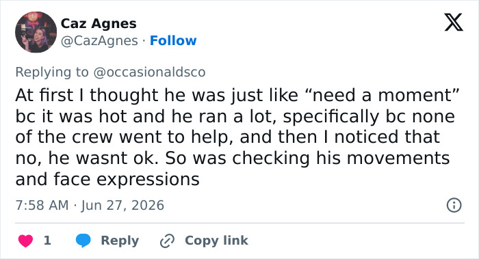 Tweet by Caz Agnes explaining initial thoughts about Harry Styles collapsing onstage during a heatwave.