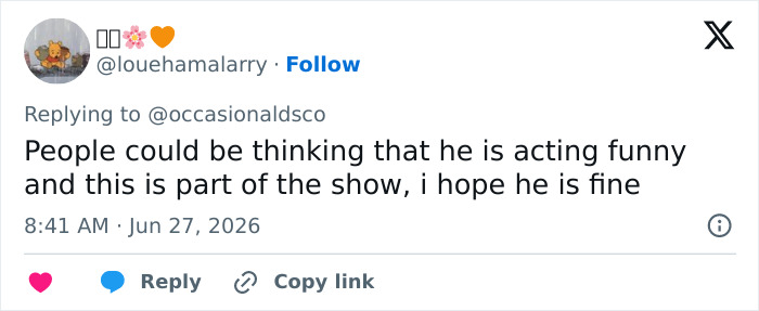 Screenshot of a tweet on June 27, 2026, expressing concern that people might think Harry Styles falling was part of the show.