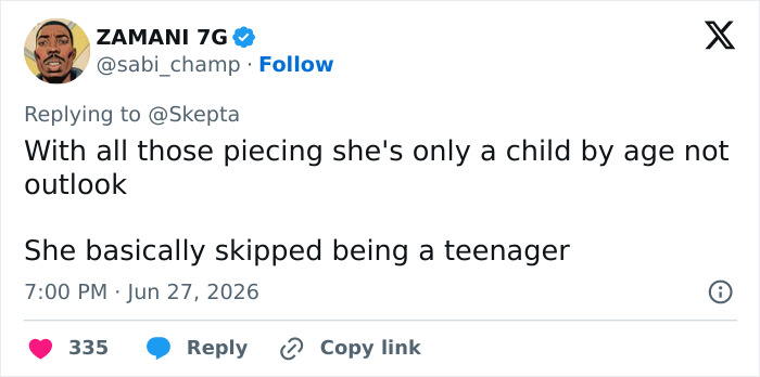Tweet from Zamani 7G about a child's appearance, raising questions about interactions with adult men to protect your kids.
