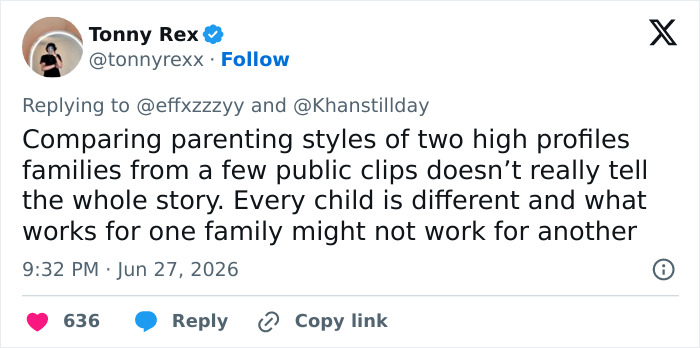 A tweet from Tonny Rex discussing comparisons of Beyonc&eacute; and Kim Kardashian's parenting styles.