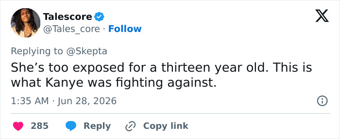 A tweet by Talescore discussing North West being too exposed, urging Kim Kardashian and Kanye to protect your kids.
