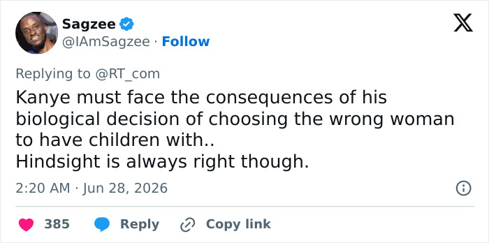 A tweet from Sagzee about Beyonc&eacute; and Kim Kardashian's parenting styles, discussing Kanye's choices.