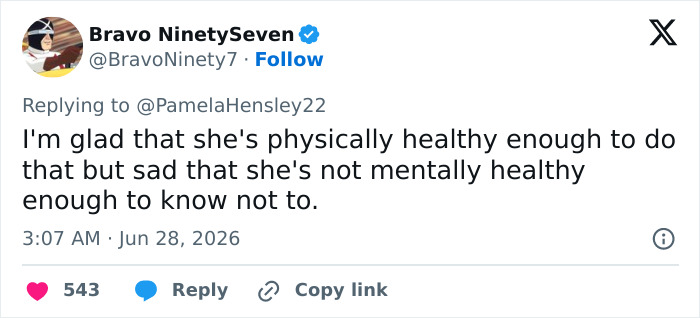 A tweet from Bravo NinetySeven about Madonna's Time Square performance, questioning her mental health.