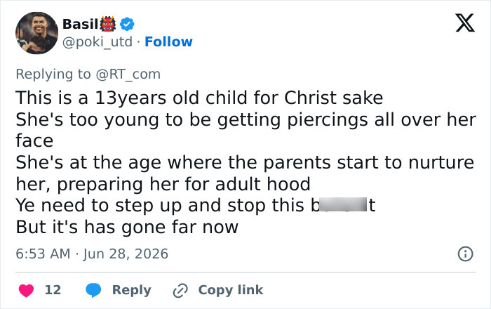 A social media post from poki_utd discussing parenting styles, specifically criticizing a child getting piercings.
