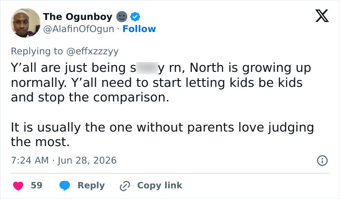 A tweet from The Ogunboy defending North West's normal upbringing, discussing Beyonc&eacute; and Kim Kardashian's parenting styles.