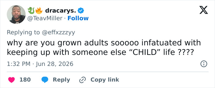 A tweet from dracarys. questioning adult obsession with Blue Ivy and North West's child lives.