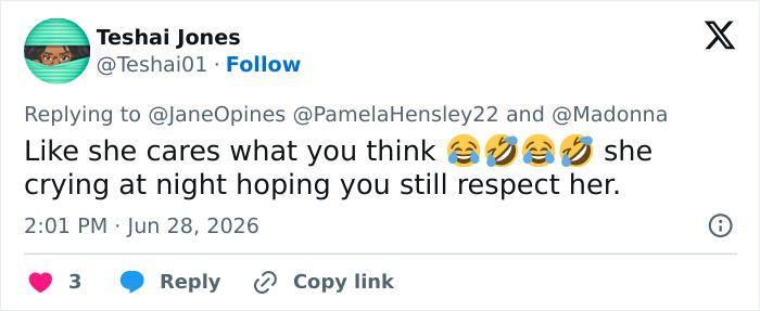 A tweet from Teshai Jones reacting to comments about Madonna's Time Square performance, sarcastically asking if Madonna cares.
