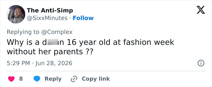 A tweet questioning why a 16-year-old is at fashion week without her parents, urging Kim Kardashian and Kanye to protect their kids.