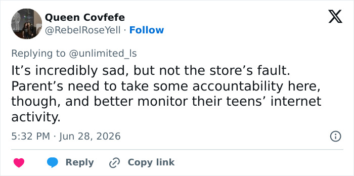 A social media challenge comment stating it is not the store's fault and parents should monitor teen internet activity.