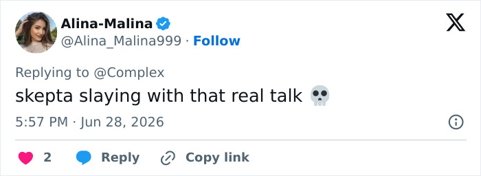 A tweet by Alina-Malina with a skull emoji, saying skepta slaying with that real talk for Kim Kardashian and Kanye Wests kids.