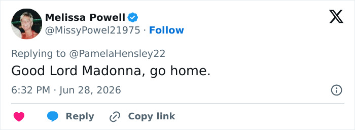 Twitter post by Melissa Powell, commenting on Madonna's Times Square performance, with hilarious reactions.