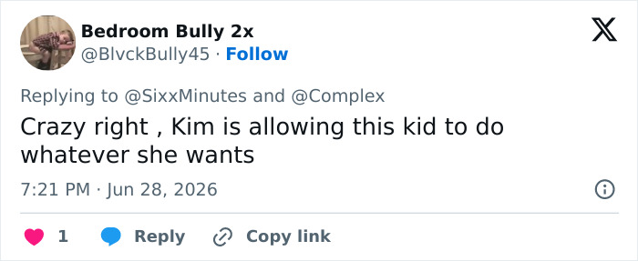 A tweet stating Kim Kardashian is allowing her kid to do whatever she wants, reflecting concerns to protect kids.