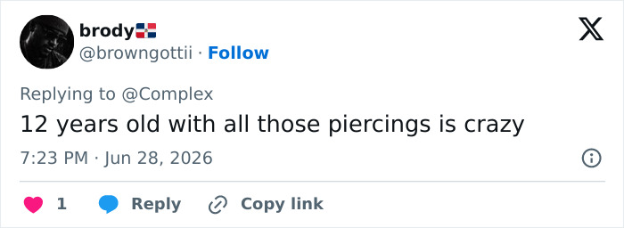 A tweet by brody about a 12-year-old with piercings, mentioning Kim Kardashian and Kanye Wests kids.