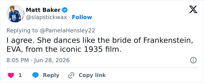 Screenshot of a hilarious reaction tweet about Madonna's Times Square performance, comparing her dance to Frankenstein's bride.