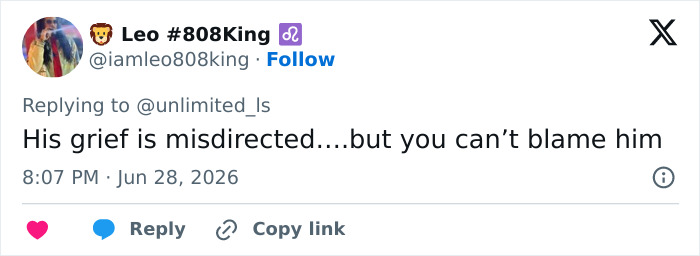A social media post on Twitter by user Leo #808King with a profile picture of a person. The post is a reply to @unlimited_ls and says: His grief is misdirected....but you can't blame him. Below that it says 8:07 PM - Jun 28, 2026. At the bottom are icons for like, reply, and copy link. This reflects the dangerous social media challenge.