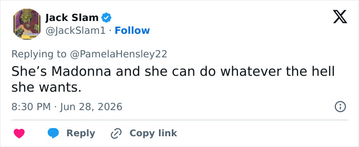 Twitter post by Jack Slam, defending Madonna's Times Square performance, amidst reactions.