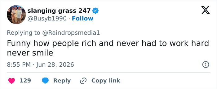 A tweet by slanging grass 247, commenting on rich people's smiles regarding Jaden Smith.