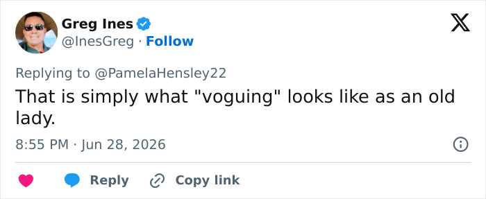 A tweet from Greg Ines about Madonna's Time Square performance, describing her voguing as an old lady.