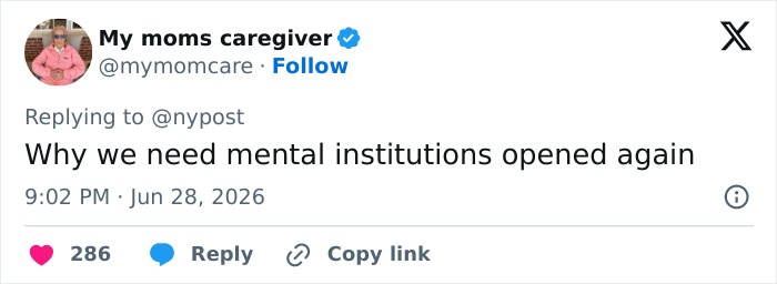 A tweet about mental institutions in response to the fatal attack by the Texas Sisters, Cookie and Kitty.
