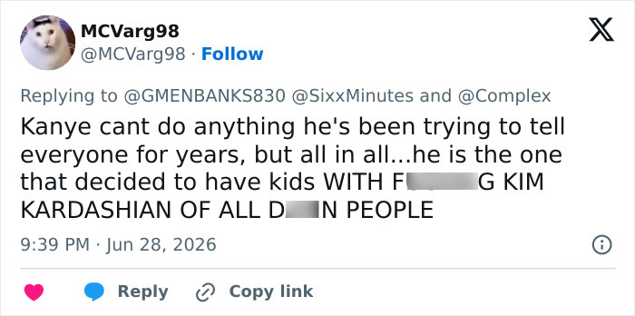A tweet about Kanye West and Kim Kardashian, discussing his inability to protect kids from certain interactions.
