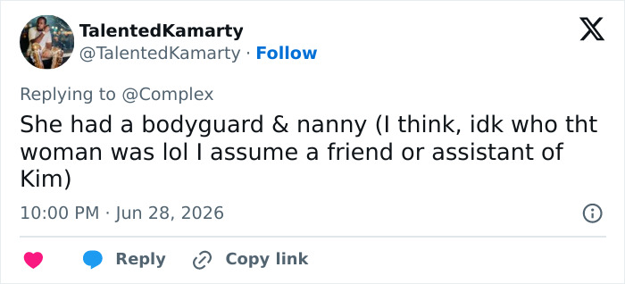 A tweet by TalentedKamarty about Kim Kardashian and Kanye Wests kids, suggesting protection after Norths interactions.