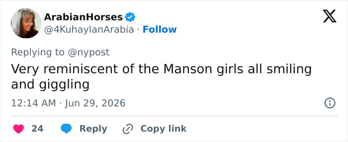 Twitter comment from ArabianHorses resembling Manson girls in Texas sisters' fatal attack footage.
