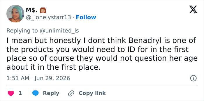 A social media challenge comment about Benadryl not requiring ID, referencing the dangerous social media challenge.
