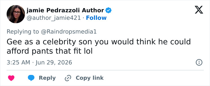 A tweet criticizing Jaden Smith's attire while holding his manhood in public.
