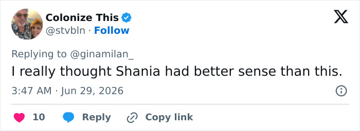 Shania Twain compared to Madonna over sheer look and cringe dance moves tweet from Colonize This.