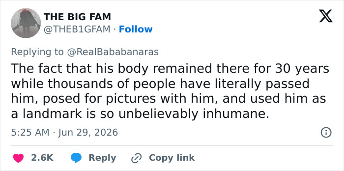 Tweet discussing the tragic inhumanity of a frozen body, Green Boots, remaining on Mount Everest for 30 years.