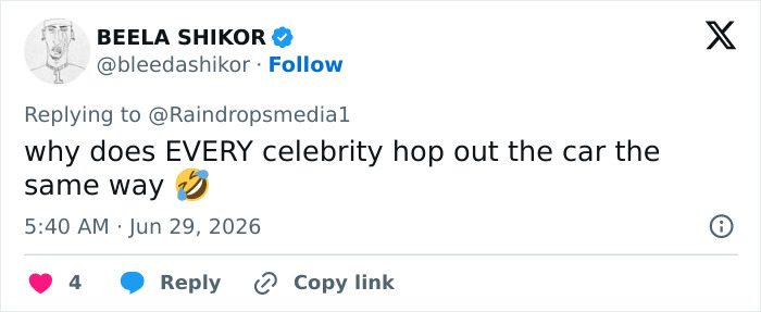 A tweet by BEELA SHIKOR questioning why celebrities exit cars similarly, related to Jaden Smith.