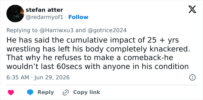 A social media comment on John Cena's condition, stating years of wrestling have left him unable to make a comeback.
