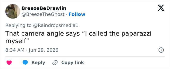 A Twitter post from 'BreezeBeDrawlin' stating, 'That camera angle says 'I called the paparazzi myself''.