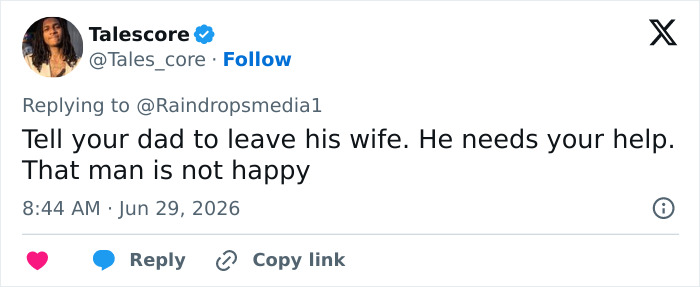 A tweet by Talescore replying to Raindropsmedia1, discussing Jaden Smith's father.