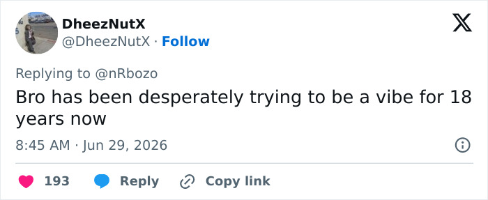 A tweet by DheezNutX about Jaden Smith trying to be a vibe for 18 years.