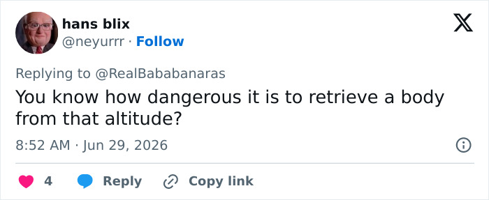 A tweet about the dangers of retrieving a frozen body from Mount Everest altitude, related to Green Boots.