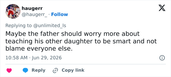 A social media challenge comment advising a father to teach his daughter to be smart instead of blaming others.