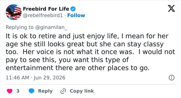 Tweet comparing Shania Twain to Madonna, discussing her sheer look and dance moves, questioning her dignity.