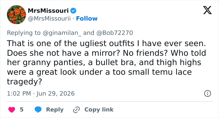 A tweet from @MrsMissouriii criticizing an outfit choice: Does she have no dignity? Shania Twain compared to Madonna.