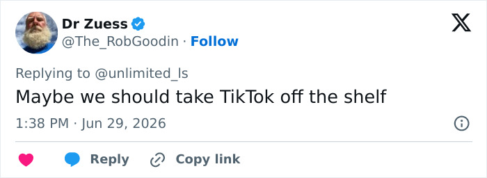 A tweet by Dr Zuess suggests taking TikTok off the shelf, referencing a dangerous social media challenge.