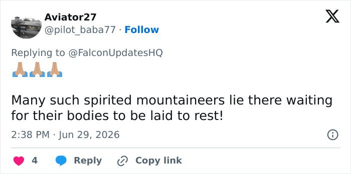 A tweet acknowledging many spirited mountaineers' frozen bodies await rest on Mount Everest, referencing Green Boots.