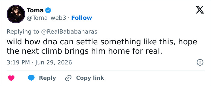 A tweet hoping DNA identification of the frozen body, Green Boots, on Mount Everest brings him home.