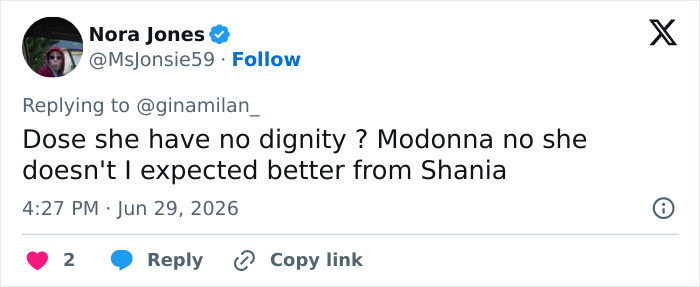 A tweet questioning Shania Twain's dignity, comparing her sheer look to Madonna's.