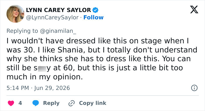 Lynn Carey Saylor questions Shania Twain's sheer look and dance moves at 60, saying it is too much.