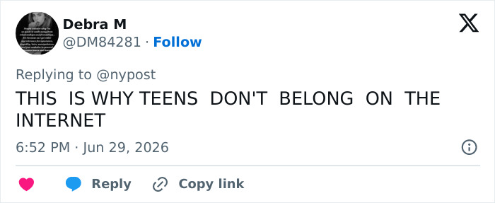 A tweet by Debra M reads, THIS IS WHY TEENS DON'T BELONG ON THE INTERNET, discussing the social media challenge.